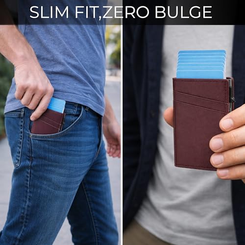 Image of VOGARD Pop-Up Card Holder for Men, RFID Blocking Slim Aluminium Case with Premium PU Leather, Automatic Card Ejector, Front Pocket Design (Brown)