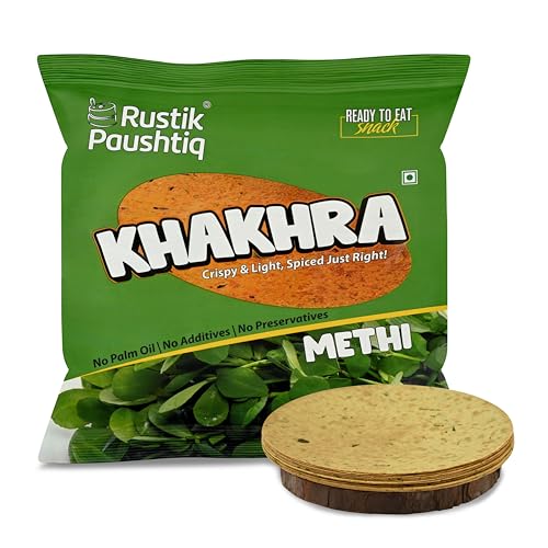 Image of RUSTIK PAUSHTIQ Methi Khakhra - 200g Each | Whole Wheat Crispy Snacks | Roasted Khakhra | No Palm Oil | Ready to Eat Tea Time Snack | Namkeen With Natural Ingredients (Pack of 4)
