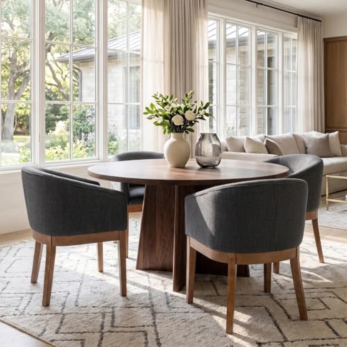 Image of HNY Barrel Dining Chairs Set of 4, Mid Century Modern Upholstered Dining Chairs with Arms, Linen Kitchen & Dining Room Chairs, Solid Wood Frame Accent Chairs for Kitchen, Apartment, Charcoal Black