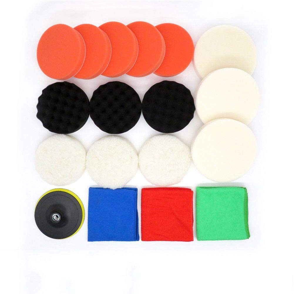 Kit de tampons de polissage auto 18 pièces avec éponges de nettoyage et disques de lustrage en laine