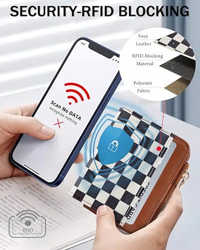 Image of Small Bifold Wallets Woman RFID Mini Wallet for Women Slim Card Holder with Zipper Coin Pocket & 2 ID Windows(Checkered)