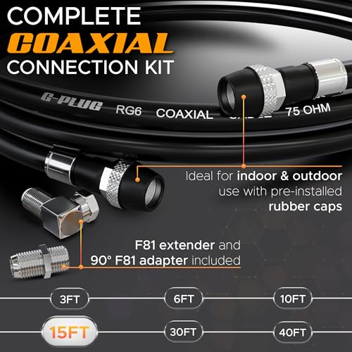 Image of G-PLUG RG6 Coaxial Cable 15FT - Triple Shielded, Waterproof, 75 Ohm with F-Type Connectors, High-Performance for HDTV, Satellite, Internet, Indoor /Outdoor Use