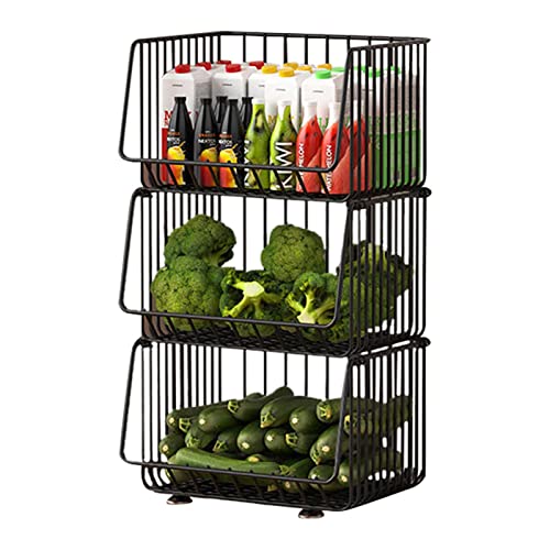 Cestas de almacenamiento de alambre | Cestas apilables de almacenamiento de frutas y verduras con ruedas – Canastas de alambre para almacenamiento de alimentos enlatados para despensa y armario