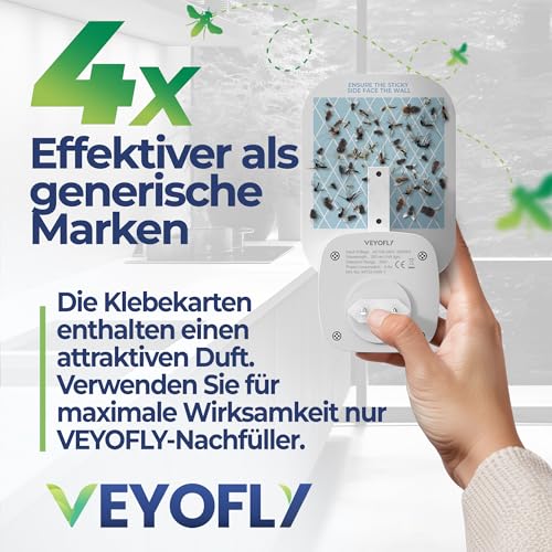 VEYOFLY Indoor Fliegenfalle – Steckdosen-Fliegenfalle für Fruchtfliegen und Stubenfliegen – Geruchlos und sauber (1 Gerät + 3 Klebefallen)