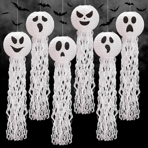 Lanternes fantômes d'Halloween en papier avec pompon blanc lot de 6 pièces