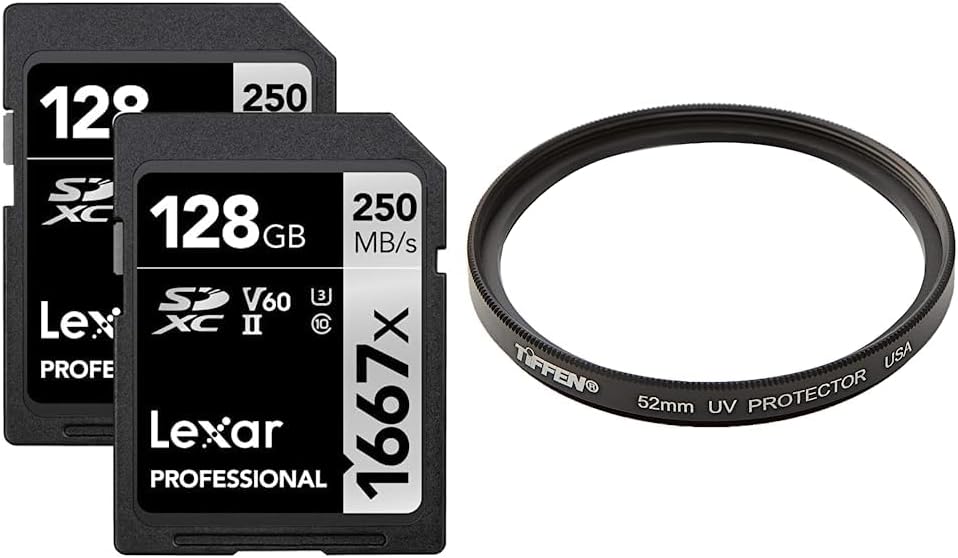 Lexar Professional 1667x 128GB (2-Pack) SDXC UHS-II Memory Cards, C10, U3, V60, Full-HD & 4K Video & Tiffen 52UVP 52mm UV Protection Filter,Black, 2.04" L x 2.04" W