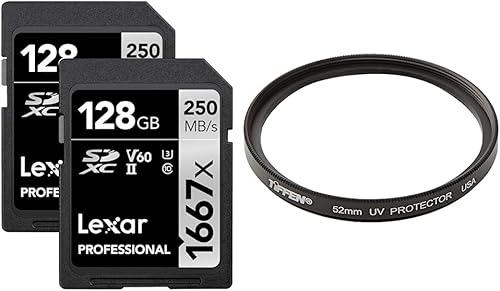 Lexar Tarjetas de memoria profesionales SDXC UHS-II de 1667x 128 GB (paquete de 2), C10, U3, V60, video Full HD y 4K y filtro de protección UV
