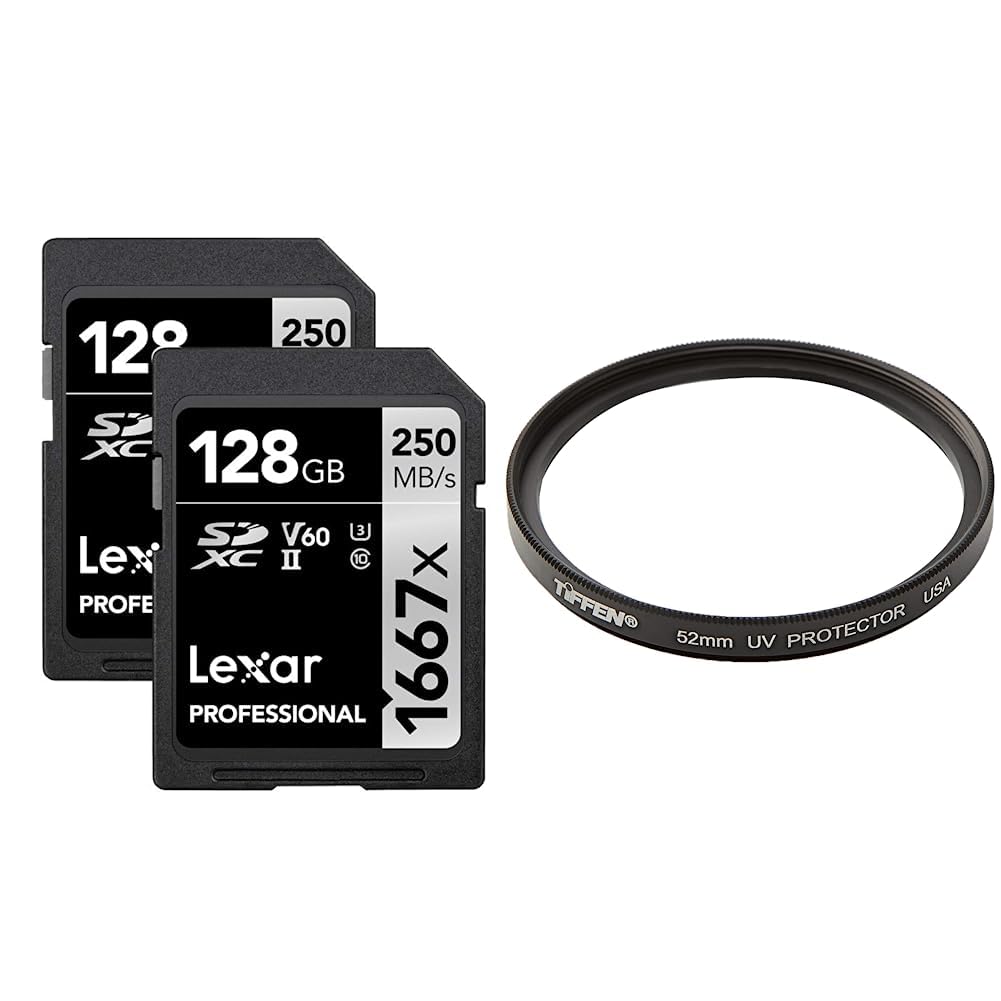 Lexar Professional 1667x 128GB (2-Pack) SDXC UHS-II Memory Cards, C10, U3, V60, Full-HD & 4K Video & Tiffen 52UVP 52mm UV Protection Filter,Black, 2.04" L x 2.04" W