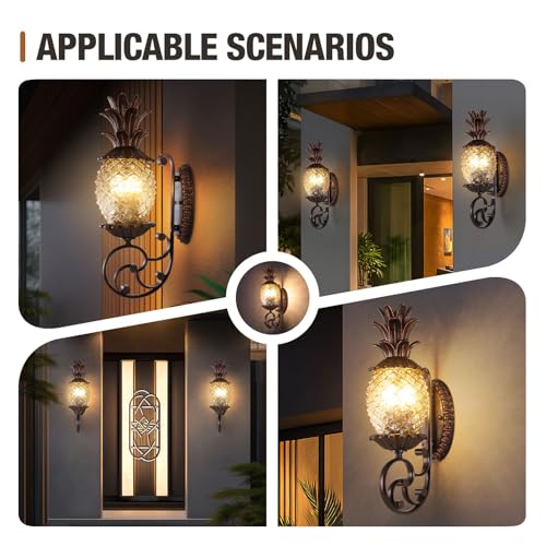Image of Pineapple Outdoor Wall Sconce, 3-Light E12 Candelabra Base, Waterproof Aluminum Porch Light with Clear Diamond Glass, Tropical Coastal Wall Lamp for Entryway, Patio, Front Door