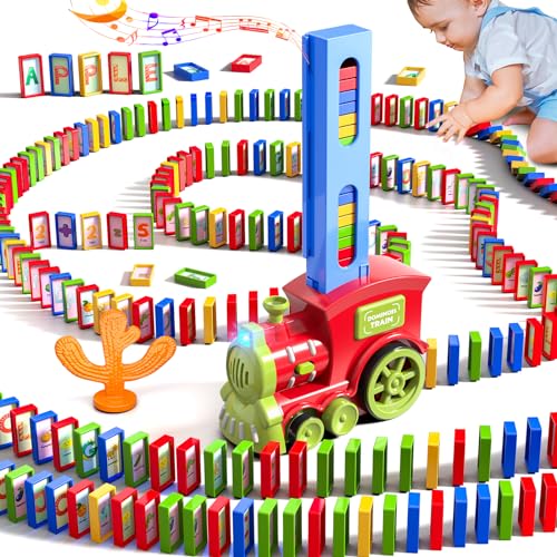 Doloowee Domino Zug Set Automatischer Domino Zug mit 310 Domino Blöcken 4 Aufklebers Domino Spielzeug für 3 4 5 Jahre Jungen Mädchen
