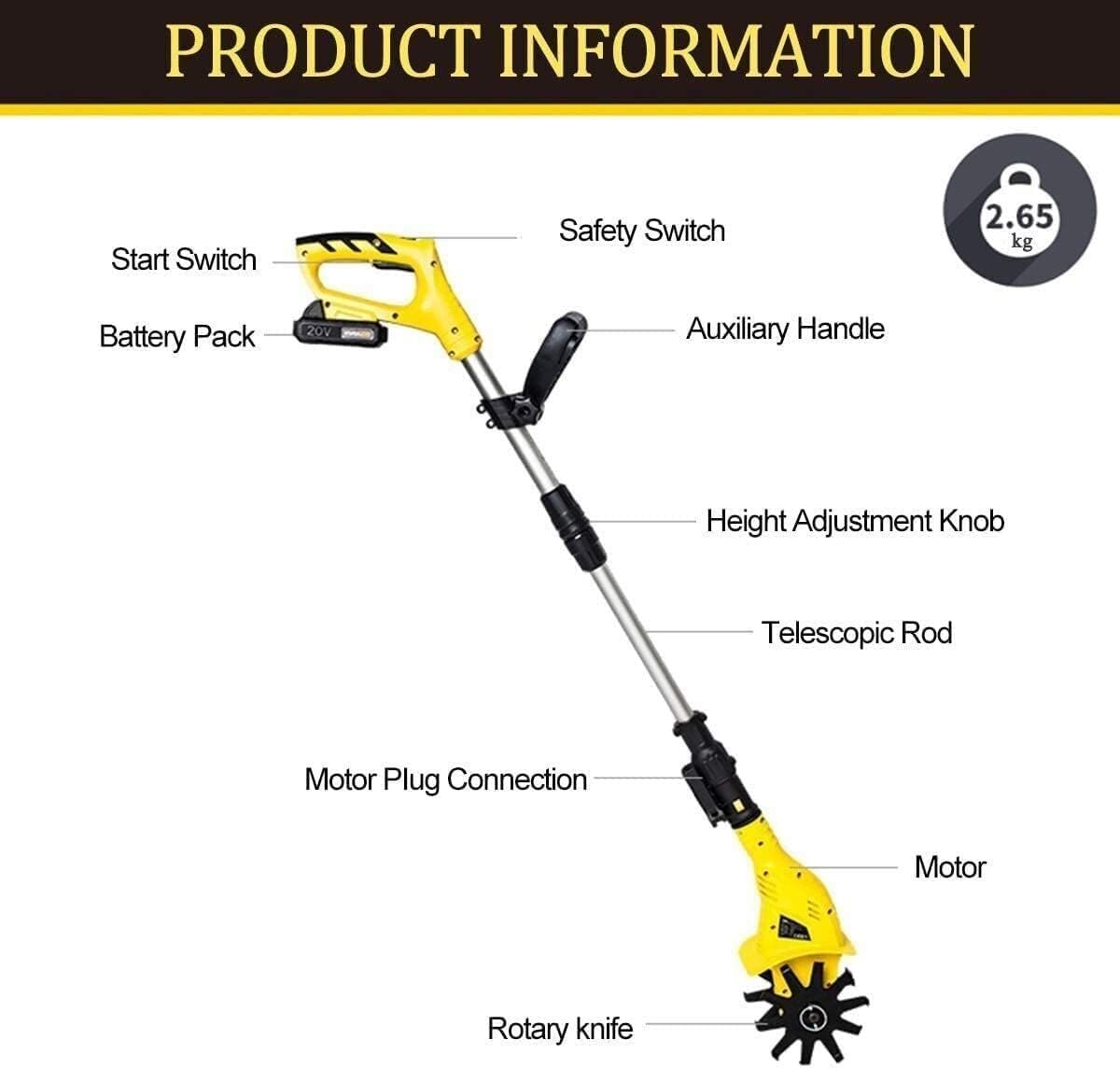 motocultor cultivador Motoazada a batería, cultivadora de jardín de 20 V, cultivadora eléctrica ajustable, profundidad de trabajo de 16 cm, (Amarillo) para el aflojamiento de la tierra y la prep