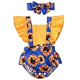 Canis Baby Girls' Full Flower Print Buttons Ruffles Romper Bodysuit with Headband (12-18 Months, Dark Blue Sunflower)