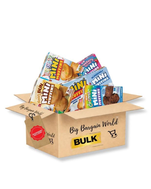Multipack Gift Box By Big Bargain World Mini Muffins Blueberry, Chocolate Chip, Cosmic , Birthday cake ,Honey Buns ,Strawberry , Snack Cake Box Bundle Treat Cake Mini Muffins Variety Pack, Assorted Flavors Bundle Box, 6 Pack Bonus Bookmark