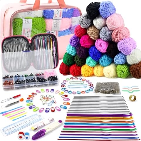 336Pcs Crochet Kit for Beginners, Crochet Kit with 1500 Yards 30 Colors Yarn for Crocheting, Beginner Crochet Kit for Adults Kids, Knitting Crochet Accessories Include 30Pcs Crochet Hooks Crochet Bag Cover