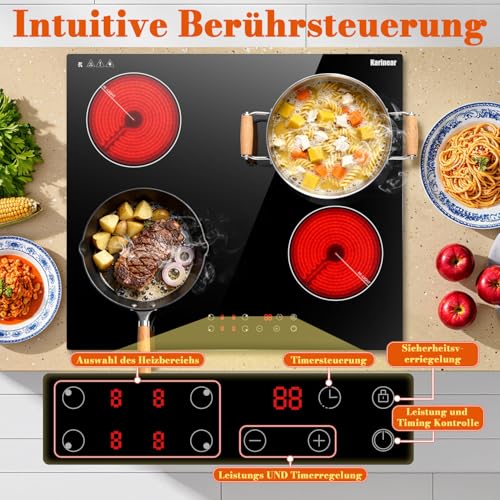 Karinear Kochfeld 4 Platten 6000W, Glaskeramikkochfeld 60cm Autark Einbau, Touch-Steuerung, Herdplatte 4 Kochfelder mit Timer, Sicherheitsverriegelung, Restwärmeanzeige, 240V, Kein Stecker