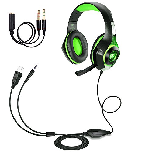 TURN RAISE 3.5mm Stereo Gaming Headset for PS4, PC, Xbox One Controller, Noise Cancelling Over Ear Headphones with Mic, LED Light, Bass Surround, Soft Memory Earmuffs for PC, Laptop,Tablet,Smartphones