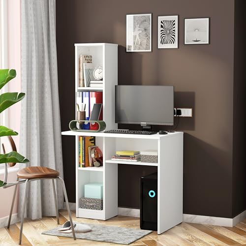 Image of Studio Kook Champion Engineered Wood Study Table with Storage, Matte Finish, 5 Shelves (Moonshine White)