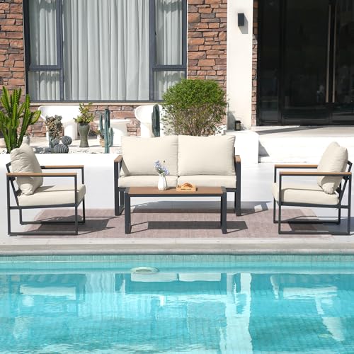 Image of Patio Furniture Set, 4 Pieces Outdoor Patio Furniture with Coffee Table Set, Metal Patio Conversation Sets with Washable and High-Resiliency Sponge Cushions, Upgarded Beige