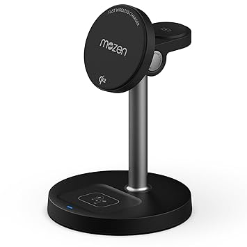 Mozen by Amkette Air 800, 23W Qi2 Certified 3 in 1 Magsafe Charger/Wireless Charger for iPhone 8 & above, wireless charging smartphones, Apple Watch, AirPods/Galaxy Buds, 45° Tilt, Type-C Cable, Black