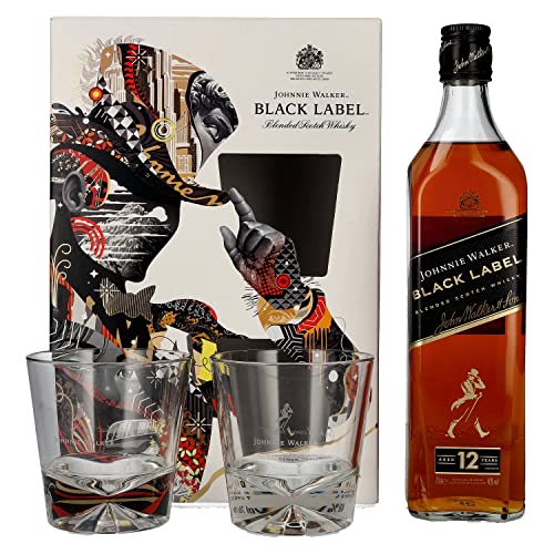 Johnnie Walker BLACK LABEL 12 Years Old Blended Scotch Whisky 40% Vol. 0,7l in Geschenkbox mit 2 Gläsern