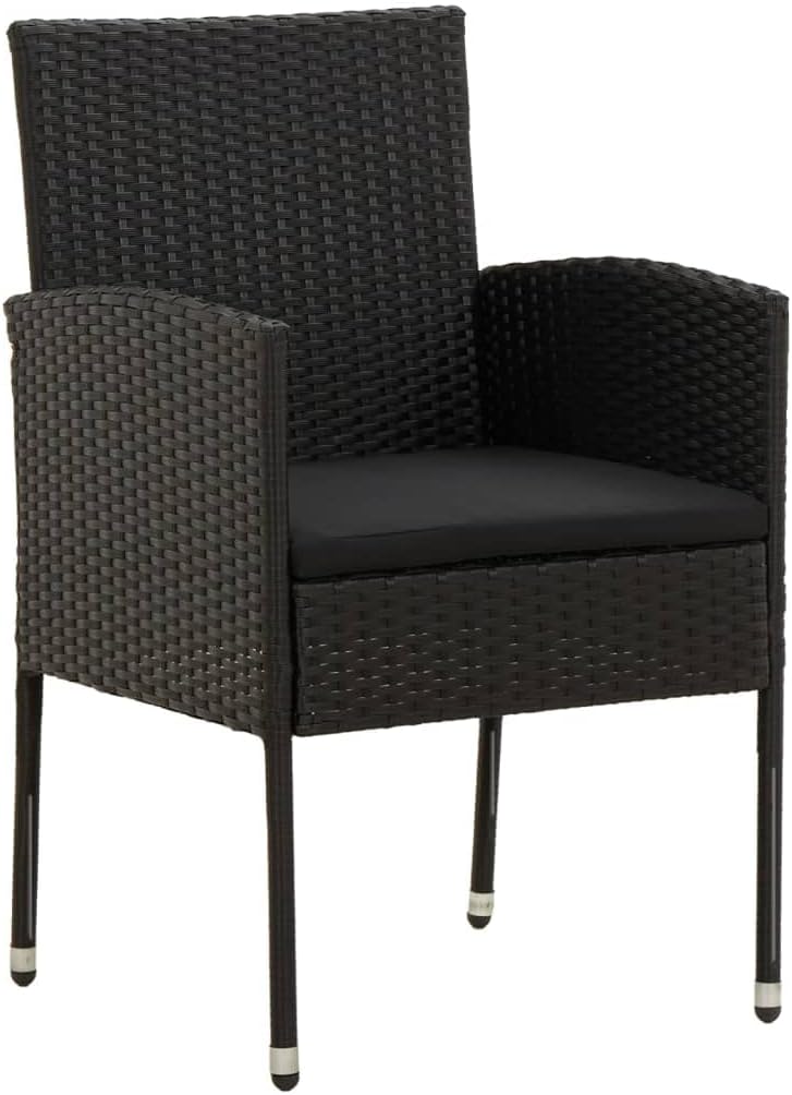 vidaXL Black Poly Rattan 7 Piece Patio Dining Set with Comfortable Cushioned Chairs and Solid Acacia Wood Table – Outdoor Furniture