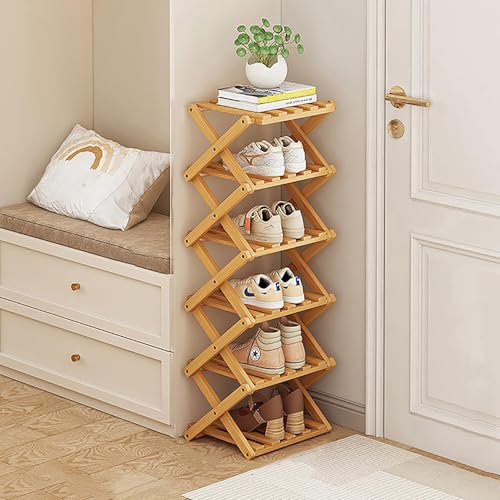 Zapatero vertical estrecho de bambú – Nizer plegable de 6 niveles para espacios pequeños, solución de almacenamiento independiente, diseño ecológico de color madera
