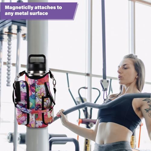 Image of icolor Magnetic Water Bottle Holder Gym Bottle Carrier Bag with Phone Pockets & Gym Accessories Organizer for Men Women,5 Magnets Gym Phone Bag Pouch Sleeve with handle Shoulder Strap (Color-Flower)