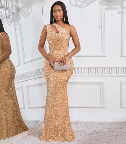 Image of Cololura Women Sequin Elegant Sexy One Shoulder Tassel Mermaid Bodycon Cocktail Evening Dress