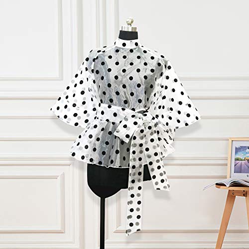AOMEI Women's Stand Collar Polka Dot See Through Front Tie Peplum Blouse2