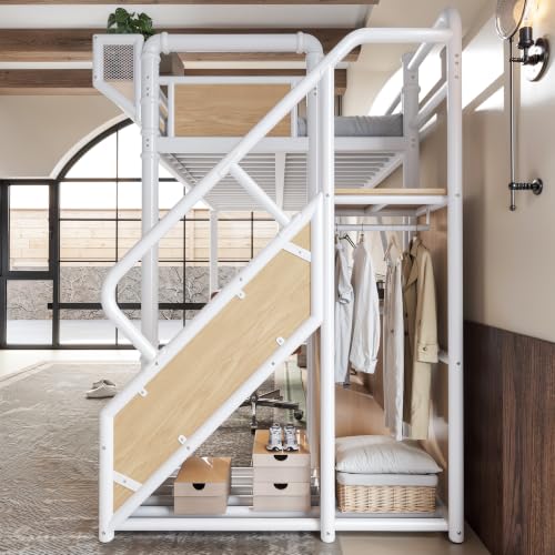 Image of Bellemave Twin XL loft Bed with Storage Stairs, Wardrobe, Shelves, Metal Twin XL Loft Bed Frame for Adults, Kids, Teens, White+Natural Wood with Stairs