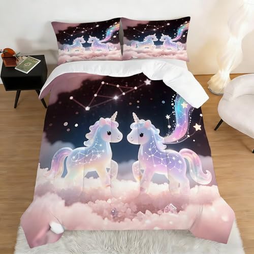 Image of Rainbow Unicorn Comforter Set Twin Size 3D Colorful Stars Cloud Bedding Sets for Boys Girls Kids Teens Bedroom Cartoon Kawaii Animal Quilt 1 Comforter 1 Pillowcase