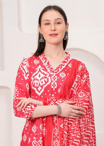 Image of Ethnic Villa Traditional Red Floral Anarkali Suit with Dupatta, Long Sleeve Cotton Dress Set, Printed Kurta Palazzo with Dupatta Set (Pack of 1)