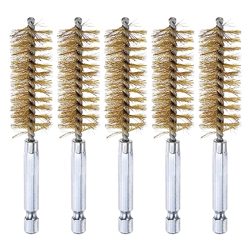 HARFINGTON 5Pcs Brass Bore Brush 19mm Dia 4" Long Cleaning Twisted Wire Brush with Handle 1/4" Hex Shank for Tubes, Ports, Bearings