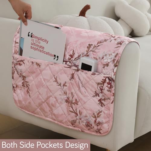 Image of HOKIPO Printed Waterproof + Anti-Slip + Quick Dry Sofa Armrest Cover with Pockets (2Pcs), Blossom Flower Pink (AR-5237-P5-L*2)