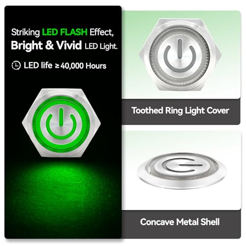 Image of UL Listed 15Amp 16mm Latching Push Button Switch 110V-120V IP67 Waterproof SPST 1NO Stainless Steel with Wire Socket Green 2Pcs