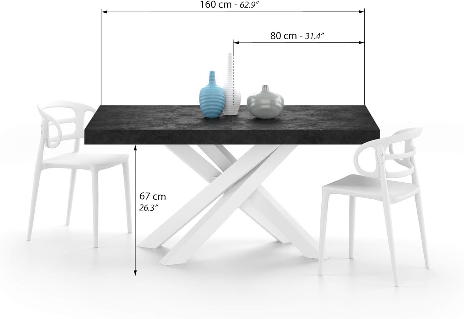 Mobili Fiver, Emma 63(94.5) x35.4 in, Extendable Dining Table, Concrete Effect, Black with White Crossed Legs, for 6-10 People, Expandable Dining Table for Kitchen, Living Room, Italian Furniture