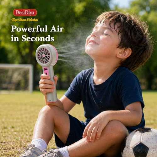 Image of Desidiya Portable Rechargeable Hand Fan 12000RPM 2600mAh LED Display | 200 adjustable speed levels with LED display showing battery percentage and wind speed.