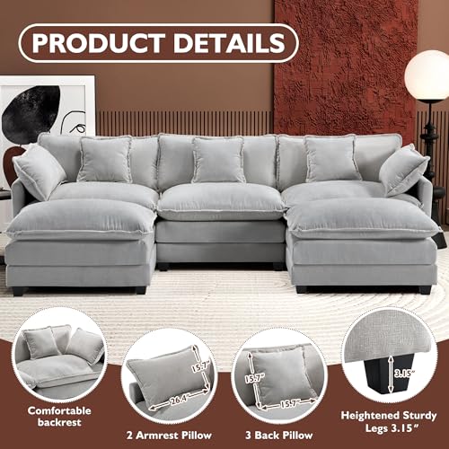 Image of Ihanherry 111.4 inch U Shaped Modern Cloud Sofa Modular Sectional Couch with 2 Ottoman, 5-Seat Chenille Deep Seat Sofa with Pillow for Living Room, Bedroom and Apartment, Grey