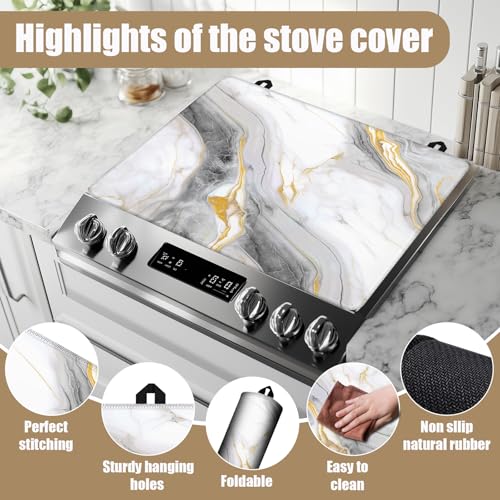 Image of White Marble Stove Top Covers for Electric Stove, Electric Gas Stove Pad Heat Resistant Range Cooktop Protector for Home Decor Kitchen 28 inchx20 inch