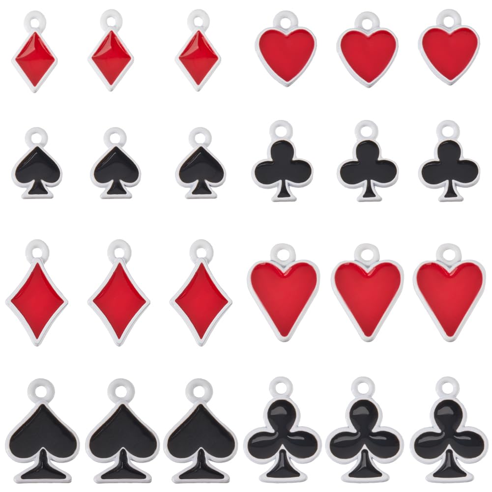 SUNNYCLUE 1 Box 32Pcs 8 Styles Poker Charm Playing Card Charms Bulk Silver Metal Alloy Enamel Red Black Hearts Spades Clubs Diamonds Dangle Charm for Jewellery Making Charms Earrings DIY Crafts