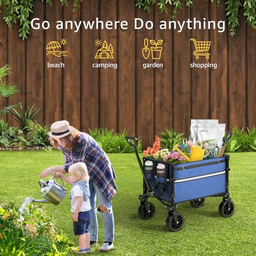 Image of ROSONG Collapsible Wagon Cart with Wheels Foldable - Folding Utility Heavy Duty Wagons Carts for Grocery Sports Garden Shopping Camping Wheelbarrows (Navy Blue, 120L)
