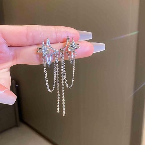 Vintage Crystal Northstar+Chain Drop Earrings Silver Tassel Chain Earrings Rhinestone Northstar Stud Earrings Long Beaded Chain Tassel Earrings Jewelry for Women
