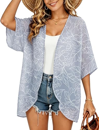 Image of FINOCEANS Womens Floral Chiffon Kimono Cardigans Loose Beach Cover Up Half Sleeve Tops