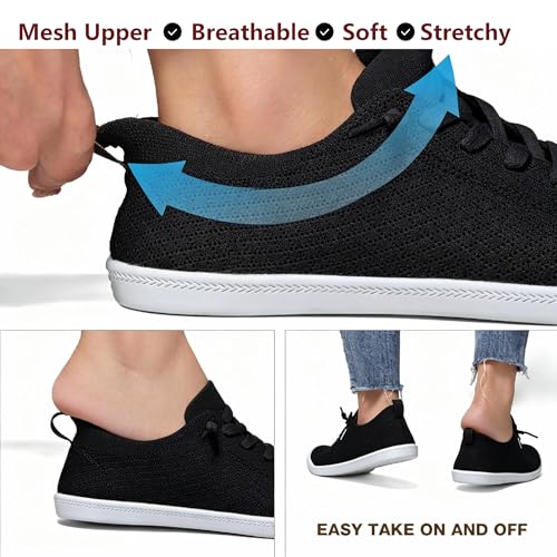 Image of Women's Barefoot Slip-On Sneakers, Slightly Roomy Toe Box, Arch Support Breathable Mesh Walking Loafers with No-Tie Elastic Laces, Non-Slip for All-Day Wear | Size Up Half Size for Wide Feet & High Instep