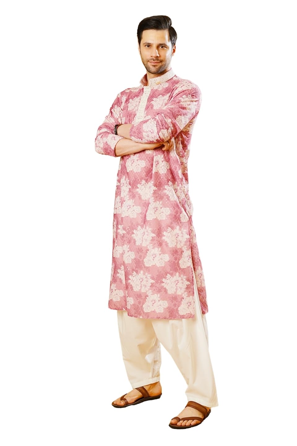 Men's Cotton Blend Pink Kurta Patyala Set-image-43