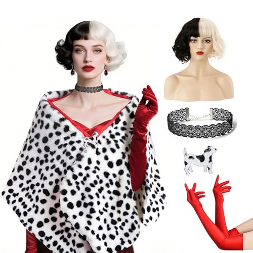 Cosrea Women Halloween Costume Black and White Spotted Dog Shawl Faux Stole for Adult