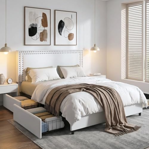 Image of VECELO King Size Upholstered Bed Frame with 4 Storage Drawers, Adjustable Velvet Rivet Decor Headboard, Wooden Slats Platform Support, No Box Spring Needed, Easy Assembly,White