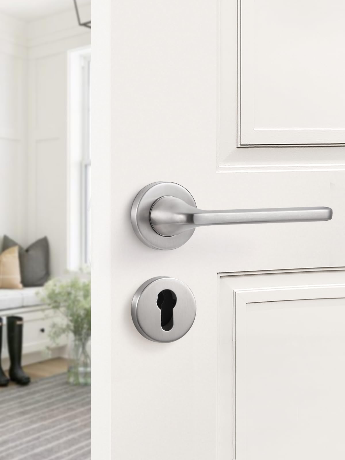 SORWDUERM Nickel Door Handle Set, Matte Brushed Stainless Steel, L Shape Round Rosette PZ Profile Cylinder for Front & Interior Doors - Image 4