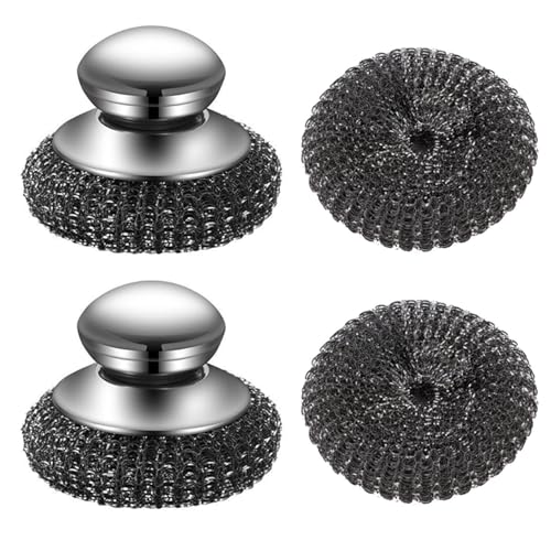 Image of Stainless Steel Wool Scrubber with Handle: 4Pcs Dish Scrubbers Steel Wool Scrubber Tool, Heavy Duty Pot Scrub Brush Pads for Scouring Cleaning Dishes Iron Pots Stoves Wash Sink Grills