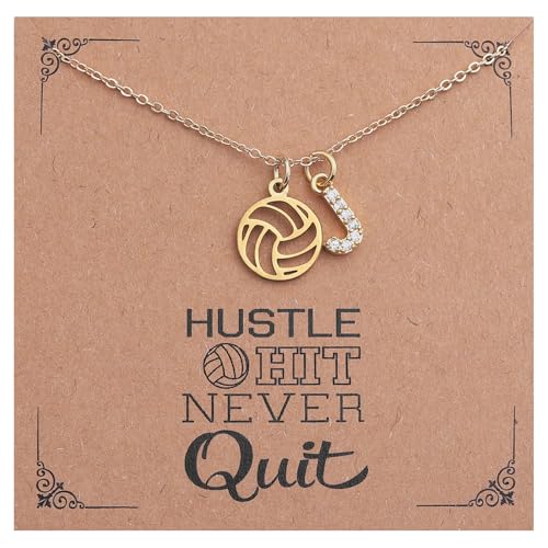 Drogomen Volleyball Necklace for Women Dainty 14K Gold Plated Initial J Volley Ball Charm Necklace Jewelry for Fan Sports Lovers Volleyball Party Favors (J)